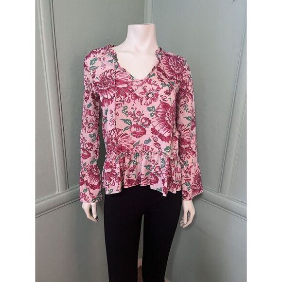 Plenty Tracy Reece XS Bright Pink Floral Long Slv Floral Tie Neck Peplum Tunic - Picture 1 of 6